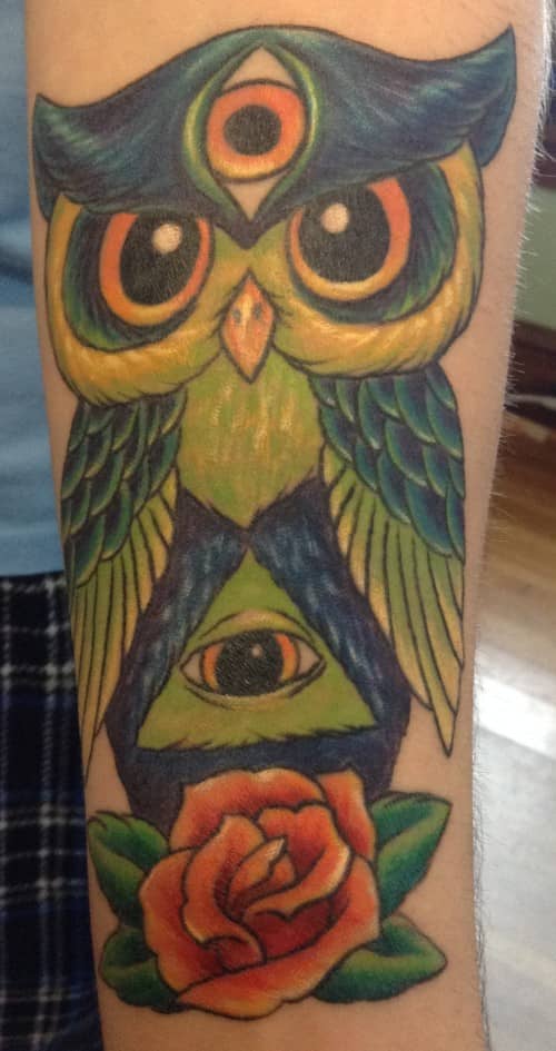 tattoo by Starr, colorful owl and rose