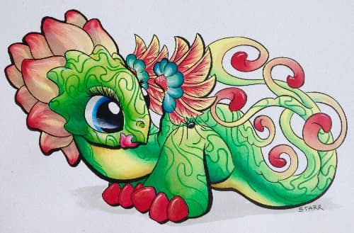 watercolor by Starr, pink and green flower dragon